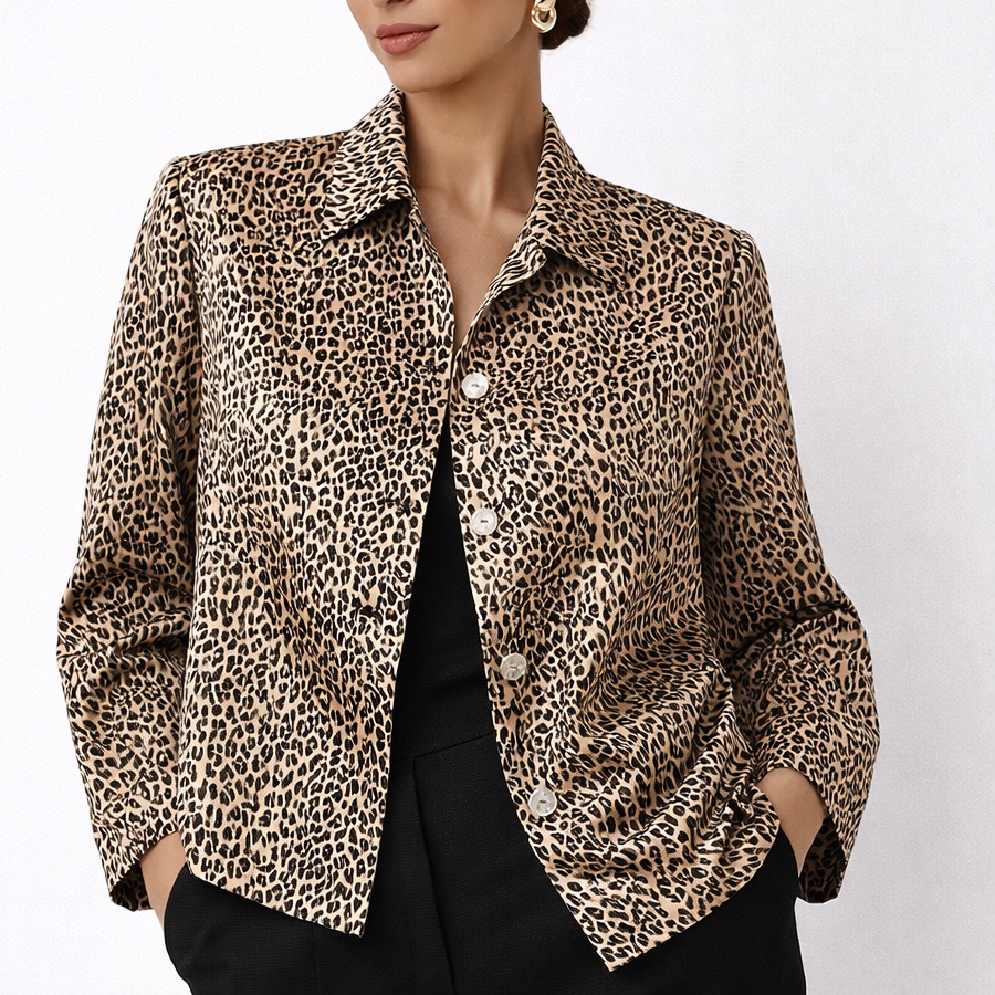 Silkland 100% Silk Leopard Print Size 14 Button Front Lined Animal Print Blazer